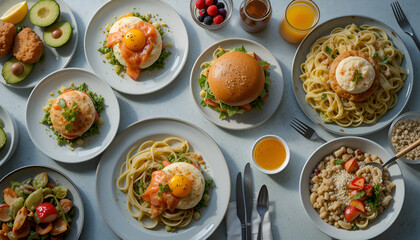 Assortment of gourmet dishes including pasta salmon eggs burger and salad