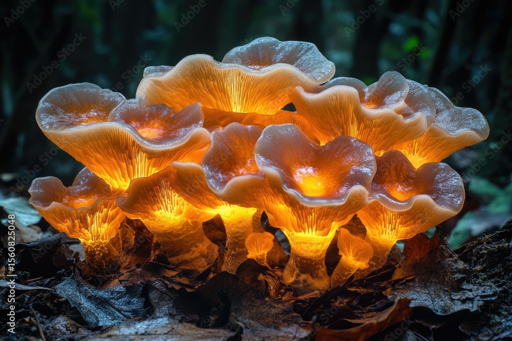 Aufkleber glowing orange mushrooms cluster in a dark forest, illuminated from within, creating a magical scene