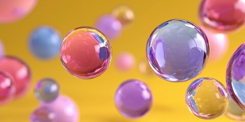 Glossy Multicolored Spheres Floating on a Yellow Background with Soft Reflections, Including Pink, Purple, Blue, and Transparent Tones

