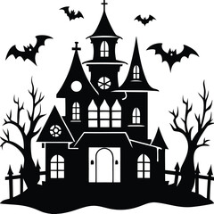 Haunted house vector illustration featuring a cartoon Halloween castle with bats, a spooky old building design perfect for a fantasy night scene
