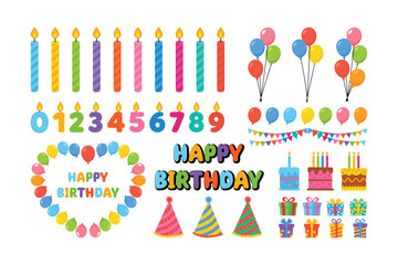 Colorful birthday party vector elements set with festive icons