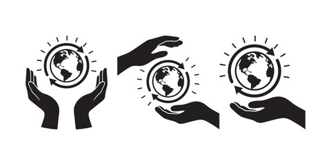 environmental protection vector icons with hands holding globe icon set 