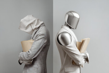 symmetrical  portrait one half shows tired office worker with wrinkled suit and documents other half sleek