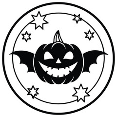 An orange Halloween pumpkin head illustration with a scary face, perfect for an autumn night celebration with a black cat, ghost, and spooky fun