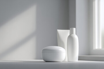 serene skincare routine setup featuring minimalistic products on clean background