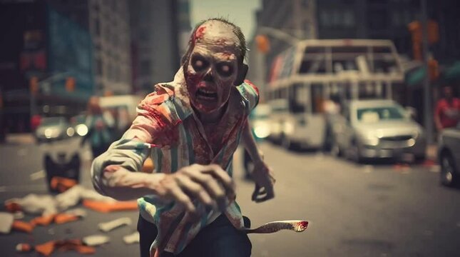Zombie Running Through New York City Street &ndash; Urban Horror Scene, short video