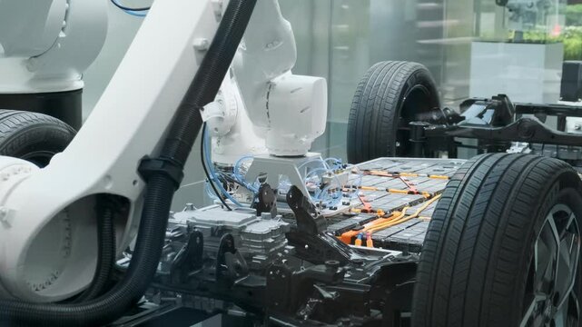 High-tech automotive manufacturing display featuring robotic arms assembling lithium-Ion EV battery pack and demonstrating electric vehicle platform of electric car. Human-free manufacture. Close up