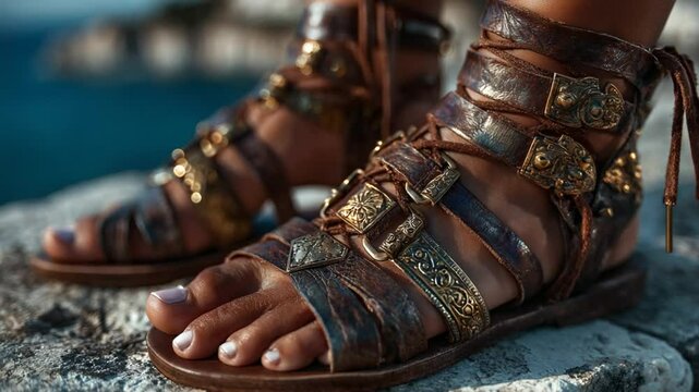 Close-up of feet wearing ornate, leather gladiator sandals with golden embellishments on a rocky surface, with blurred sea in the background