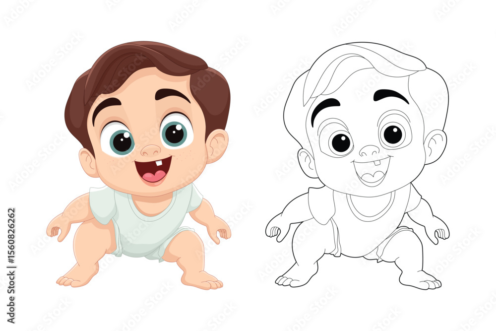 Fototapete adorable baby with a toothy grin in color and line art versions side by side.
