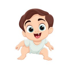 Cartoon baby with brown hair and blue eyes wearing a white onesie smiling.