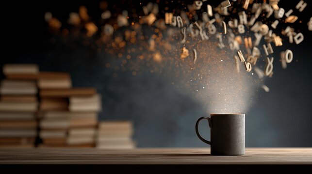 Dark Coffee Mug with Flying Letters and Dust Particles in Creative Concept Scene