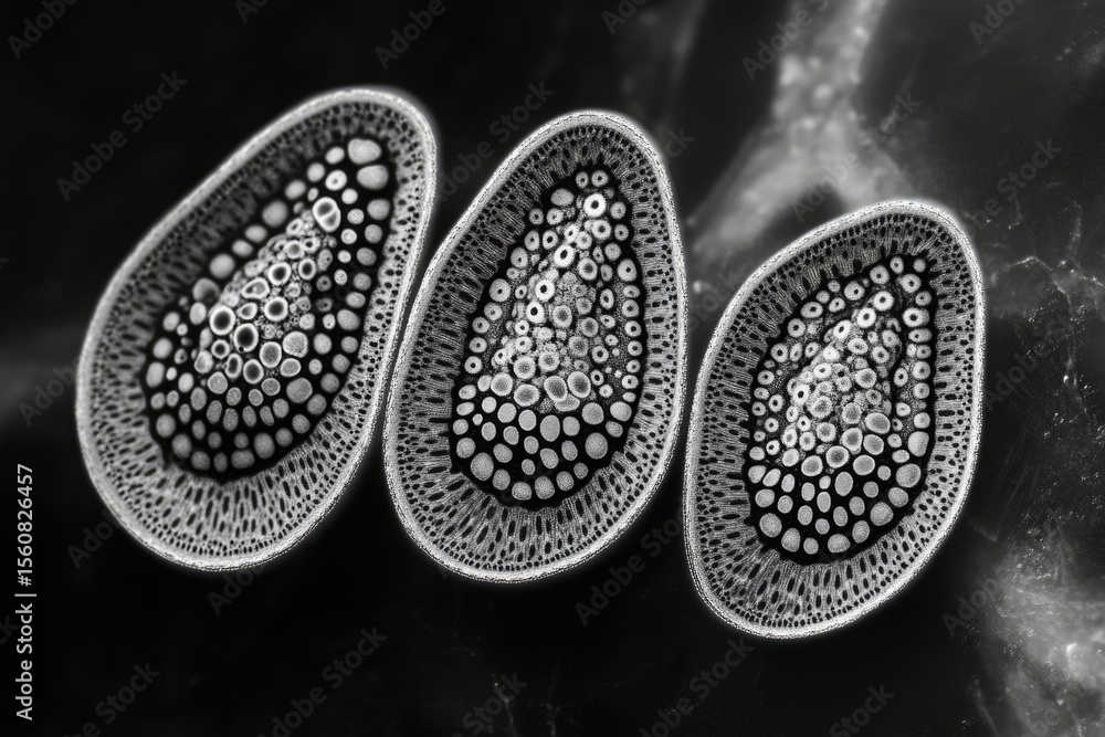 Poster microscopic image of three intricate, patterned, oval-shaped structures resembling seeds or cells.