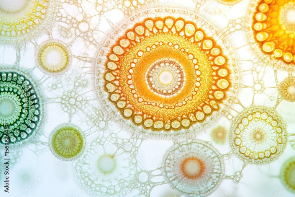 Poster intricate mandala-like patterns formed by interconnected bubbles, showcasing vibrant colors and orga