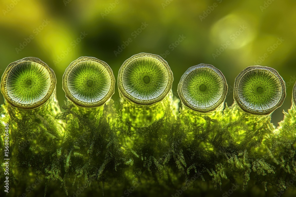 Poster microscopic view of vibrant green algae cells arranged in a row, showcasing intricate cellular struc