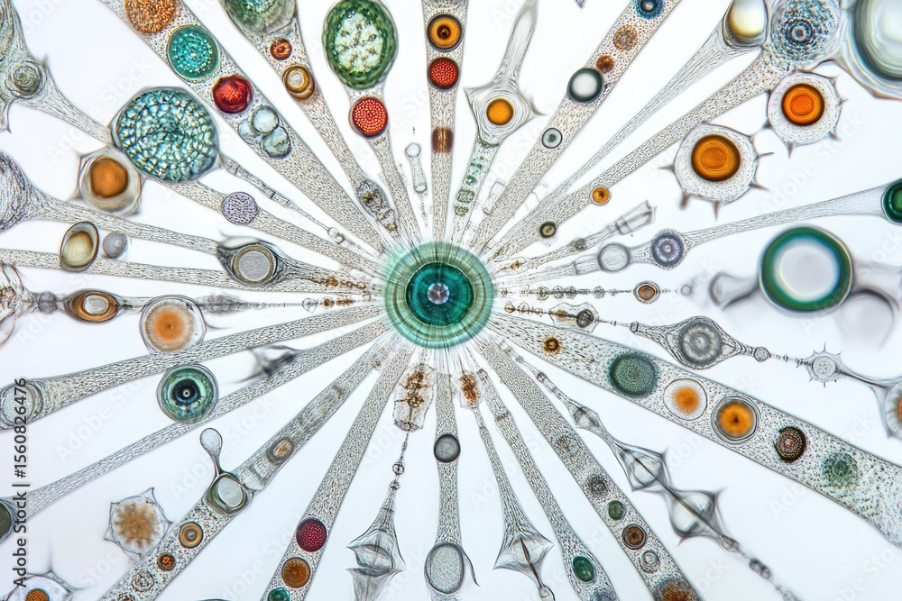 Poster microscopic view of diatoms arranged in a radial pattern, showcasing their intricate structures and 