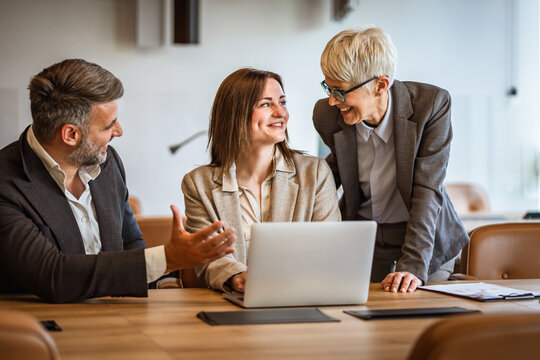 Helpful female boss explain new project to man and woman employers