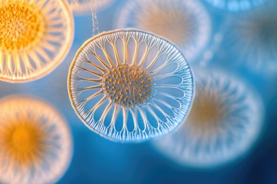 Microscopic marine organisms, delicate and intricate structures resembling flowers, exhibit stunning translucent beauty.