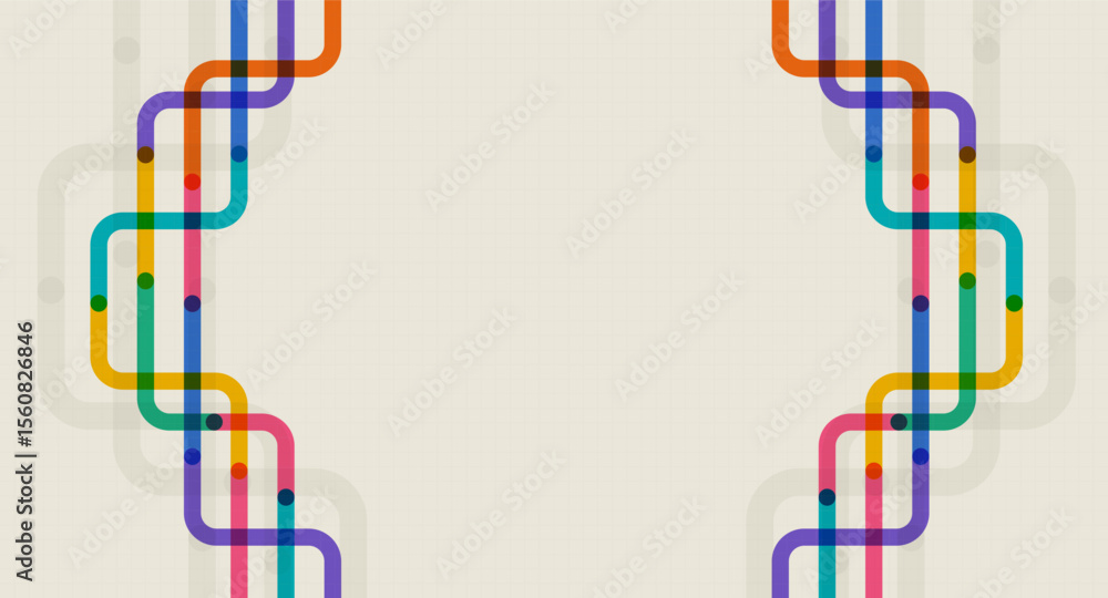 Poster curved colorful lines create a minimalist border on both sides of a beige grid backdrop, perfect for