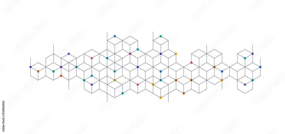 Poster minimal isometric cube pattern with connected nodes, symbolizing digital networks, blockchain, or ab