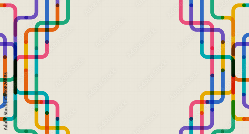 Poster rounded corner lines in vibrant colors forming symmetrical borders on both sides over a beige grid b