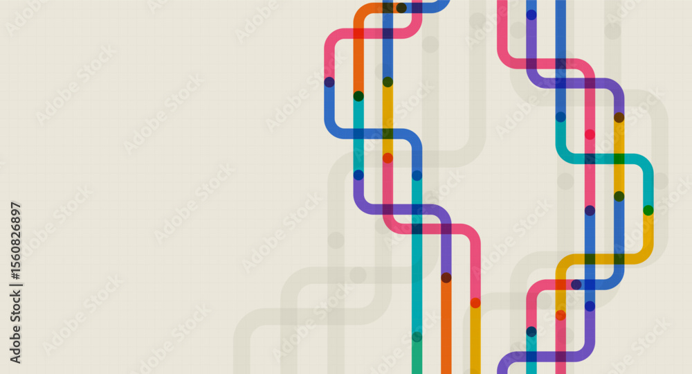 Poster rounded corner lines in vibrant colors forming symmetrical borders on both sides over a beige grid b