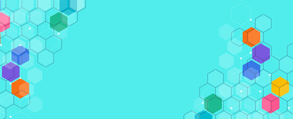 Colorful hexagon clusters forming a frame over a cyan background, ideal for science, tech, or medical presentations with modern geometric style.