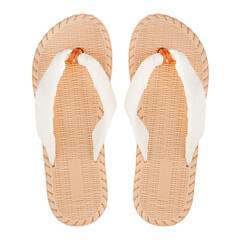 white with beige women's summer flip flops isolated on white background.