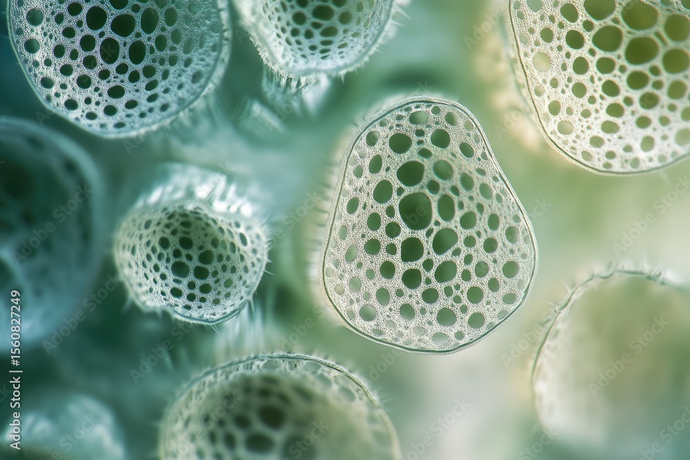 Aufkleber microscopic image showcasing intricate, bubble-like structures of a plant's cellular components.