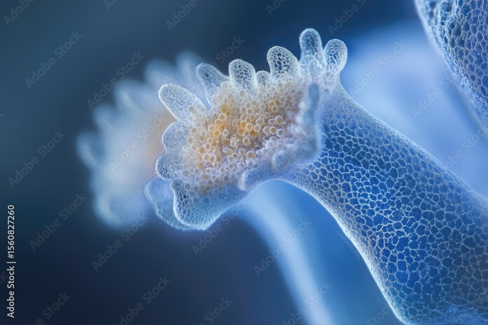 Poster microscopic image of a delicate, translucent organism with a complex, bubbly structure.