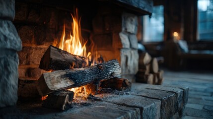 Warm flames dance in a stone fireplace, filling the rustic cabin with light and warmth. Logs are stacked nearby, creating a peaceful atmosphere on a chilly winter evening.