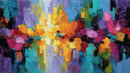 This vibrant artwork displays a captivating blend of colors, including yellow, purple, and red, creating a lively and energetic atmosphere. The textures enhance the visual depth and intrigue.