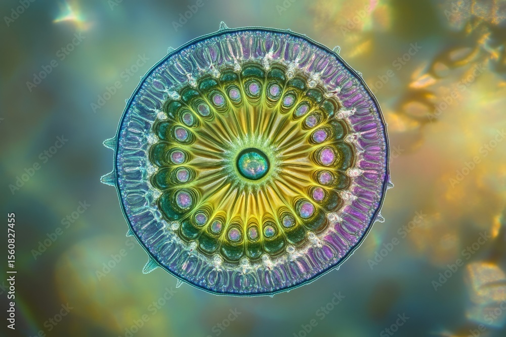 Poster microscopic image of a diatom exhibiting intricate, symmetrical patterns of radial symmetry.