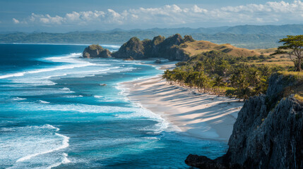 View of Sumbaâ€™s Lailiang Beach with crashing waves, karst cliffs, and soft white sands under a blue sky