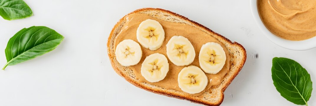 Classic peanut butter toast with banana slices, Healthy and protein-rich breakfast option, Flat lay food composition on white background with copy space

 - Powered by Adobe