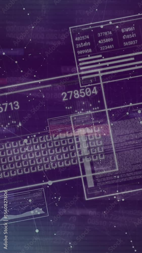Poster animation of data processing and network of connections over dark background