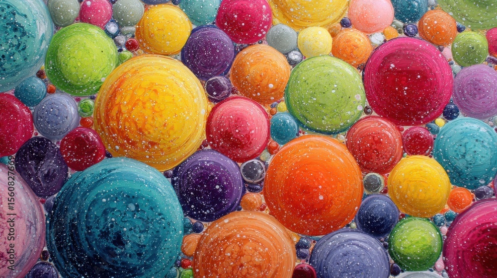 Poster brightly colored orbs in various sizes and shades create a dynamic abstract design. the artwork show