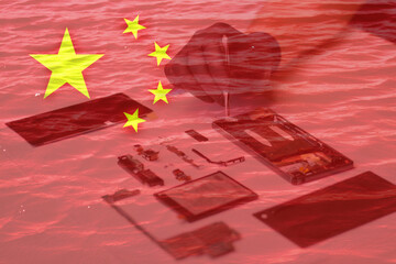 A Chinese flag draped over a smartphone, with glowing electronics chips visible, symbolizing the...