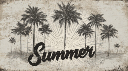 Vintage coastal artwork featuring sun rays, palm trees, and handwritten summer-themed text
