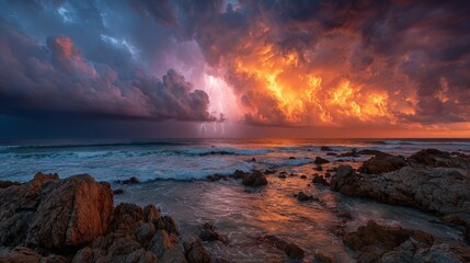Obraz premium Dark clouds loom over a rocky shore as the sun sets, casting a brilliant orange and purple glow across the turbulent ocean. Lightning strikes illuminate the horizon, enhancing the dramatic atmosphere.