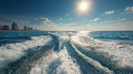 Wake trail from a speedboat carving through a sunlit ocean