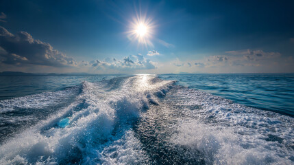 Wake trail from a speedboat carving through a sunlit ocean