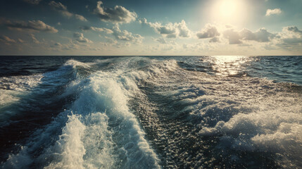 Wake trail from a speedboat carving through a sunlit ocean