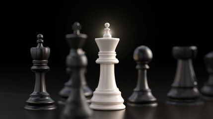 Dramatic Chess Scene with Isolated White King Surrounded by Black Pieces in High-Stakes Moment.