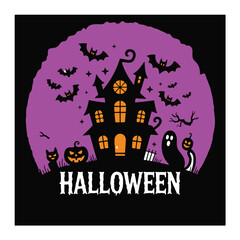 Spooky haunted house with bats and pumpkins halloween