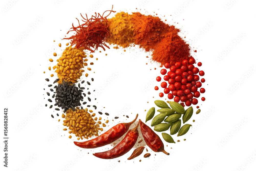 Poster assorted spices arranged in a circle on transparent background, isolated ring