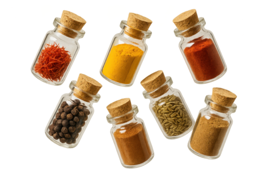 Assortment of spices in small glass bottles on transparent background, aroma