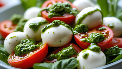 Fresh mozzarella and tomato salad with vegetables and herbs