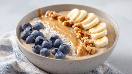 Bowl of food with blueberries, nuts, and bananas