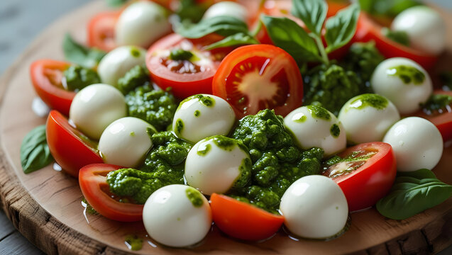 Fresh mozzarella and tomato salad with vegetables and herbs