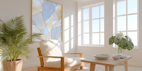 White chair is in a room with a large window
